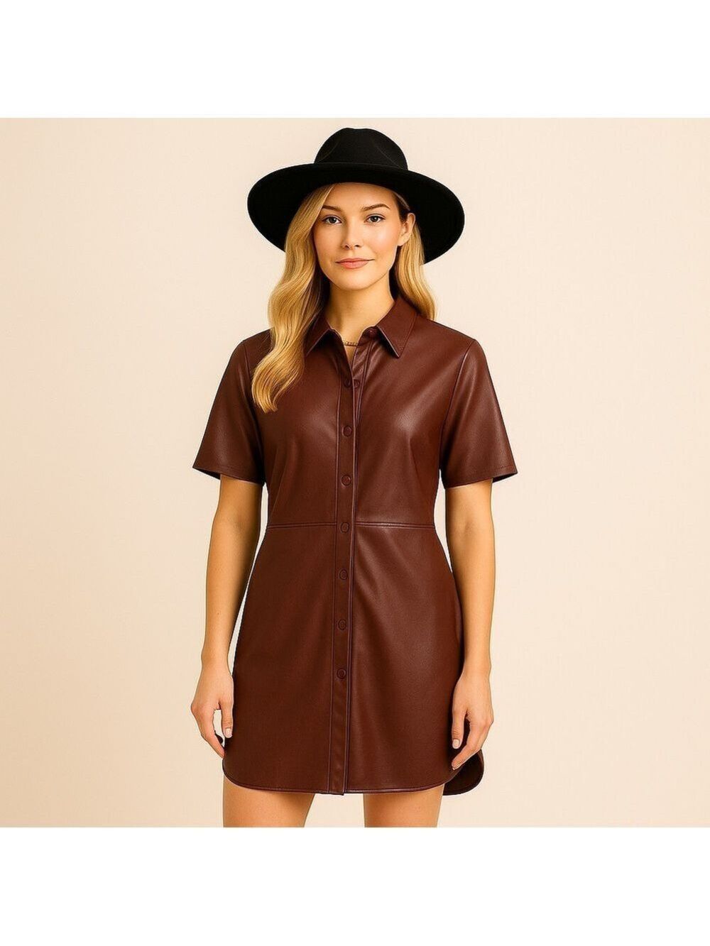 Soaked Faux Leather Brown Mini Dress | Contemporary Western Short Sleeve Small